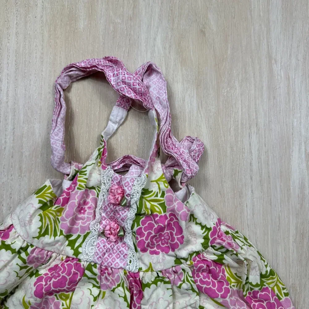 Haute Baby Pink Green Floral Cottagecore Lace Rosette Halter Sundress Dress 3T